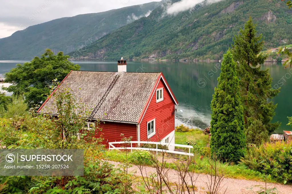 High angle view of house at waterfront, Granvin, Hardanger, Hardangerfjord, Hardangervidda, Hardanger, Norway