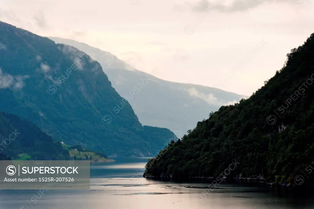 Mountains at coast, Granvin, Hardanger, Hardangerfjord, Hardangervidda, Hardanger, Norway