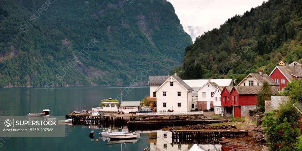 Houses at the riverside, Granvin, Hardangervidda, Hardanger, Norway