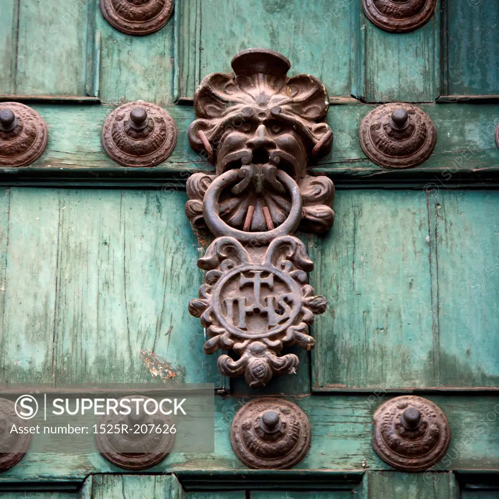 Door knob and rivets on a door, Templo De La Compania De Jesus, Cuzco, Peru