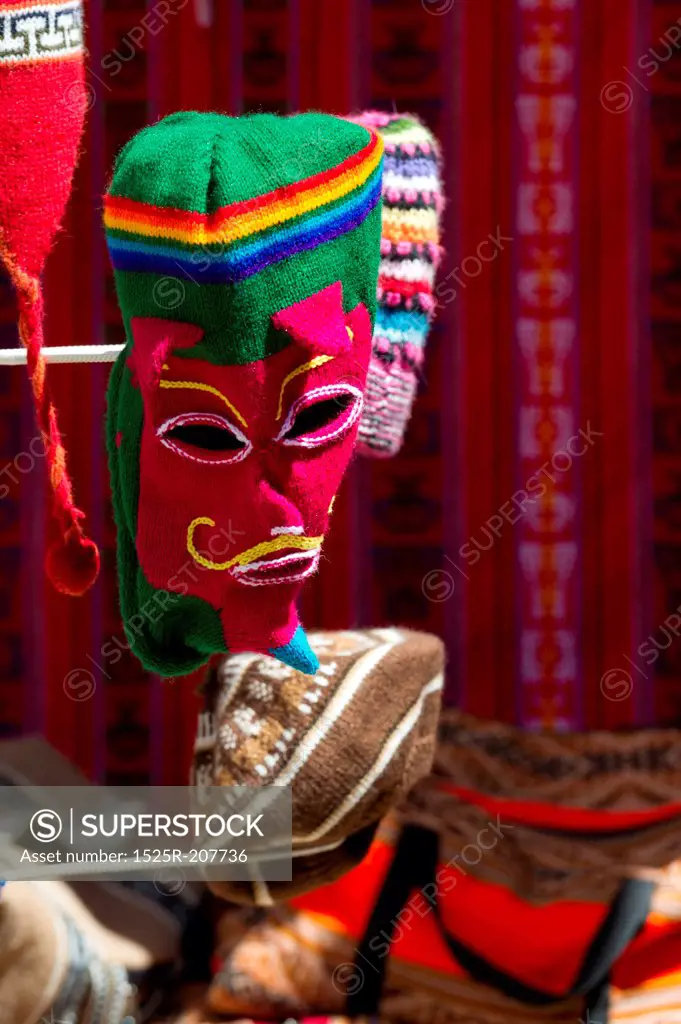 Andean dance mask at a craft market in Barrio De San Blas, Cuzco, Peru