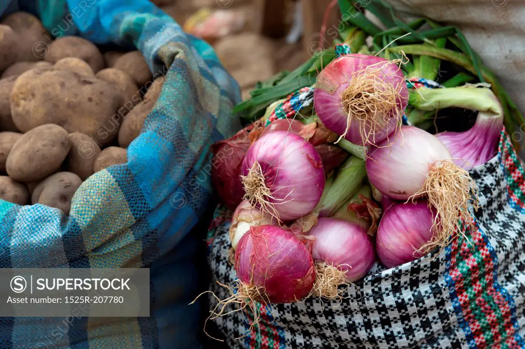 Vegetables for sale at a store, Pisac, Sacred Valley, Cusco Region, Peru