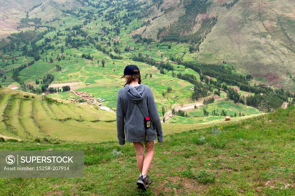 Teenage girl at Archaeological Park of Pisac, Pisac, Sacred Valley, Cusco Region, Peru