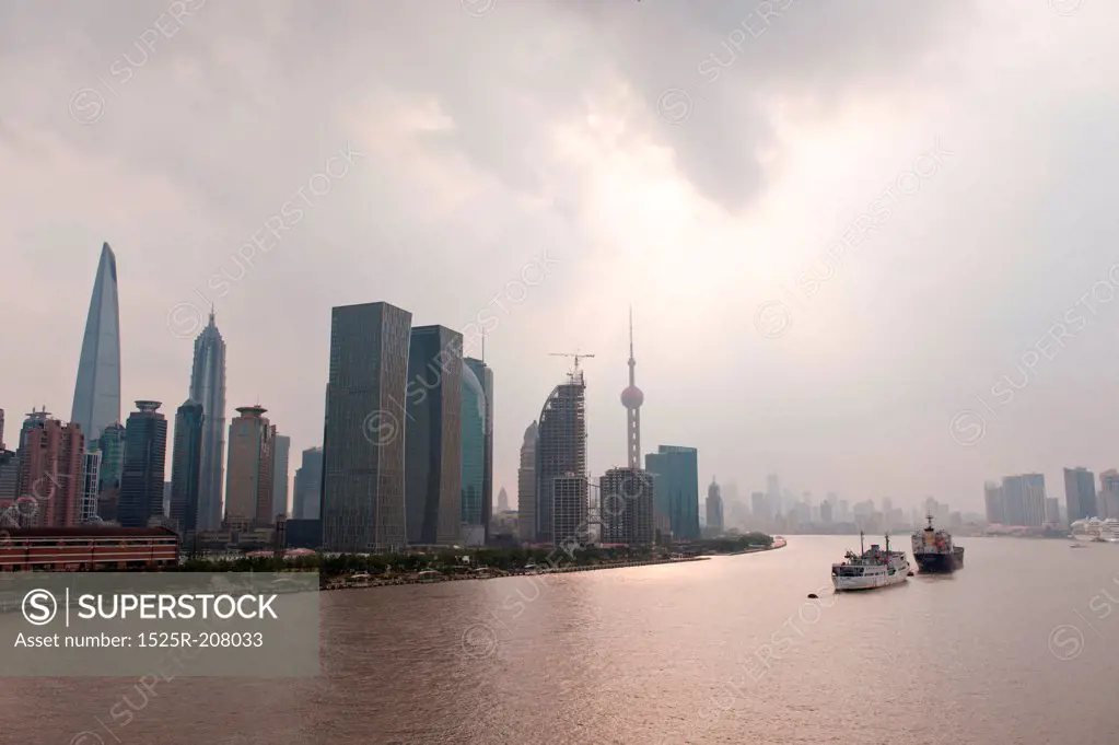 Skyscrapers at the waterfront, Huangpu River, Pudong, Shanghai, China