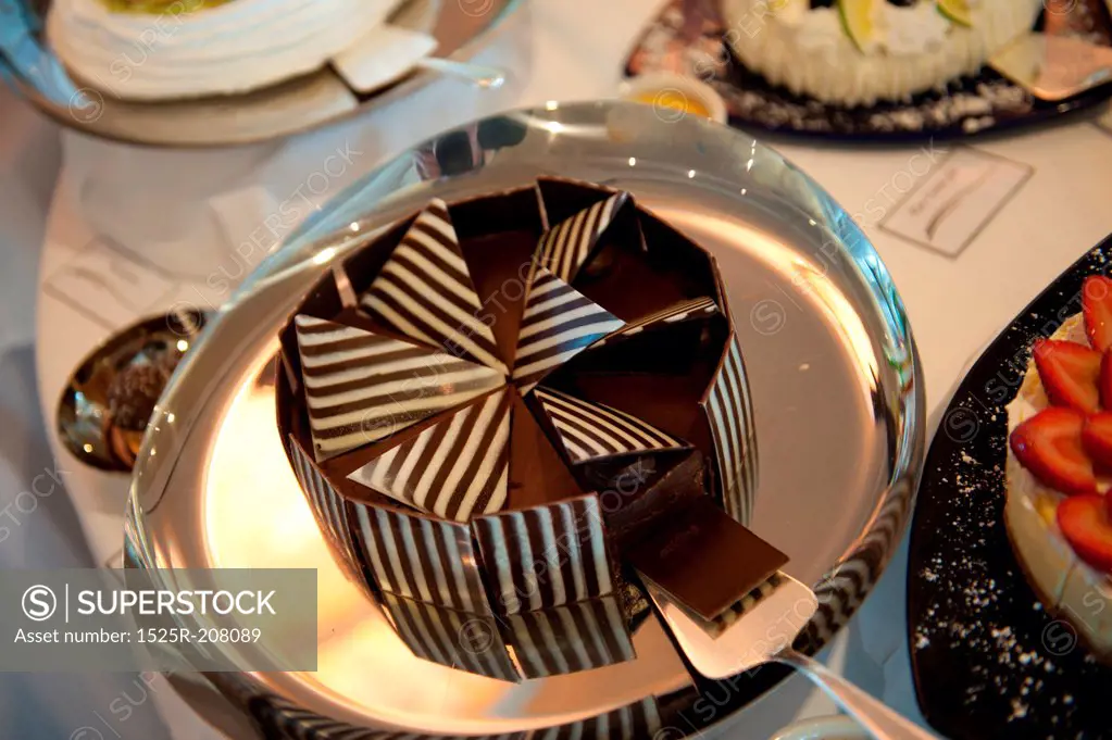 Chocolate Cake in the kitchen of a cruise ship Silver Shadow, East China Sea