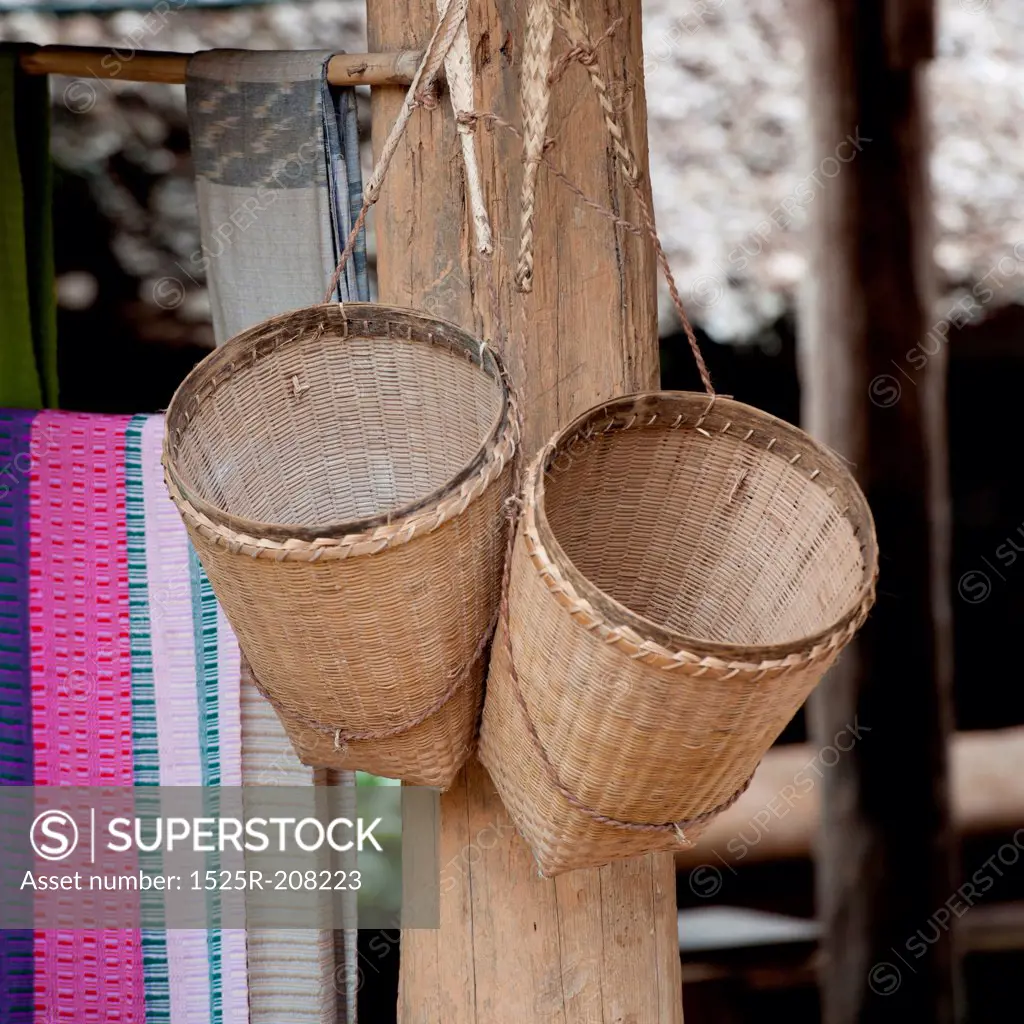 Traditional baskets hanging for sale, Huay Pu Keng, Mae Hong Son Province, Thailand
