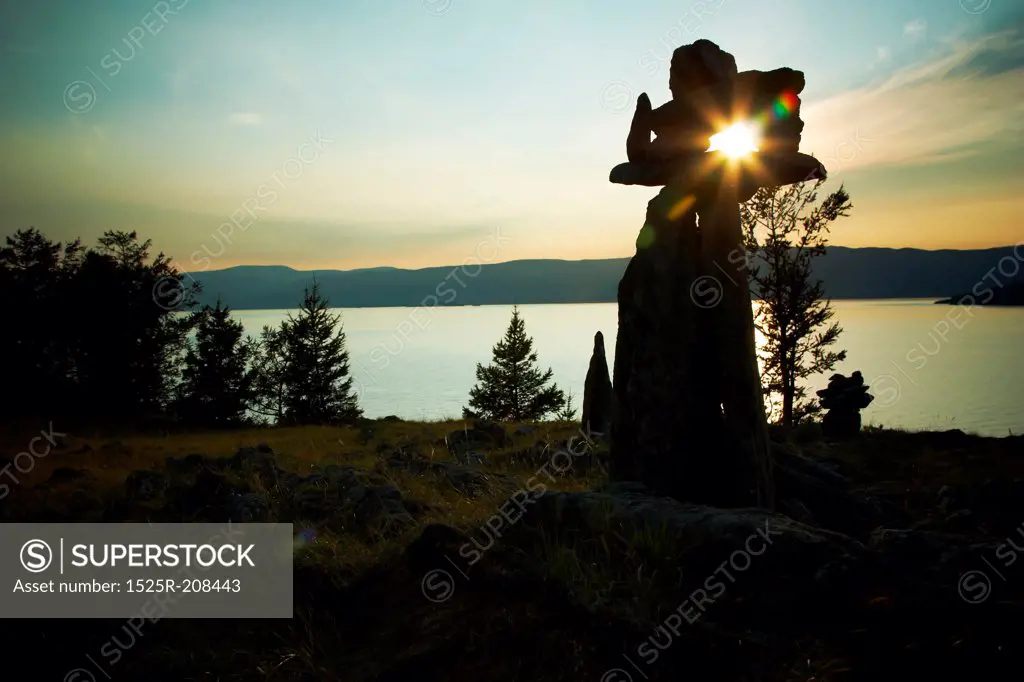 Stone landscape against a decline lake Baikal