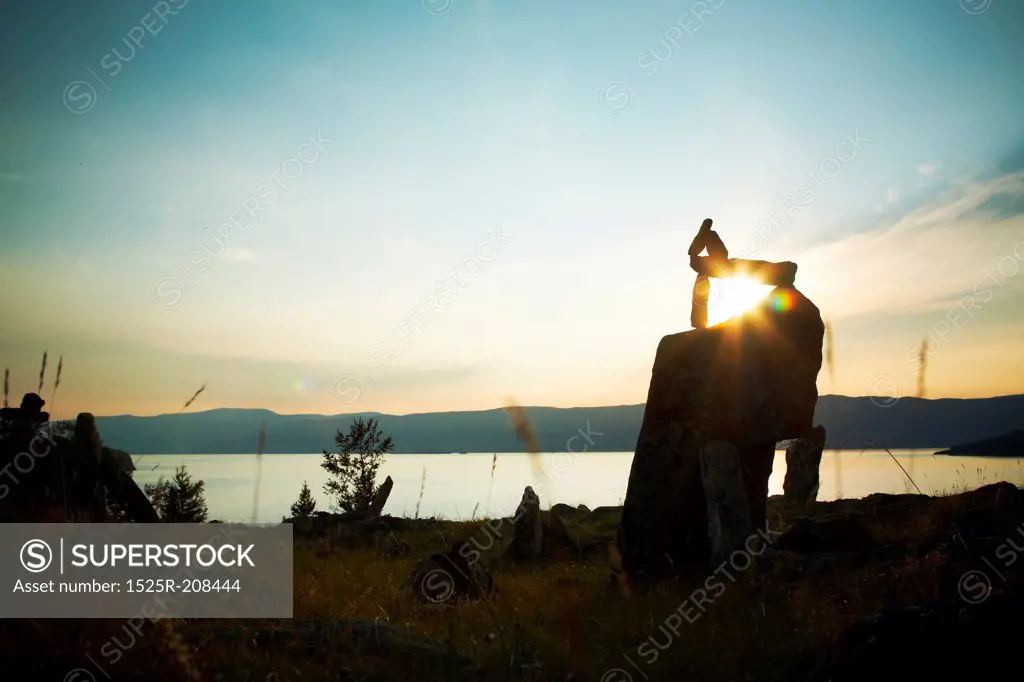 Stone landscape against a decline lake Baikal