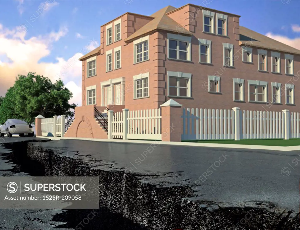 crack in the road, the sign of an earthquake near the house (3D illustration)