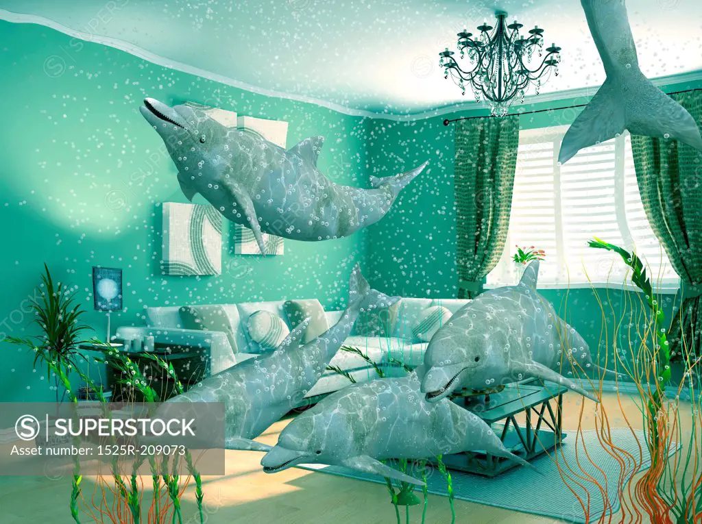 group of dolphins swimming in modern interior (3D)