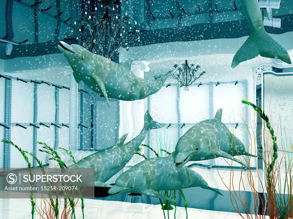 group of the dolphins in modern shop interior (3D)