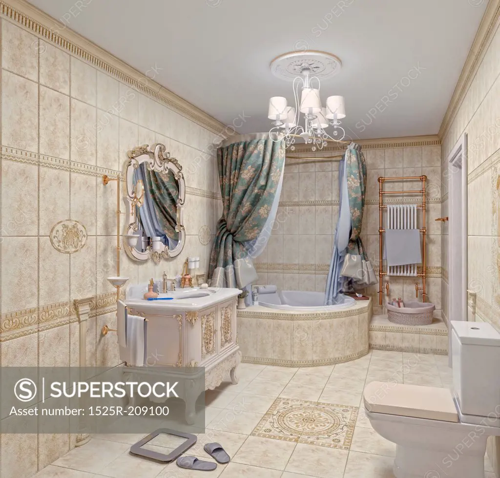 Modern Bathroom interior with  tiles and mirror (3D rendering)