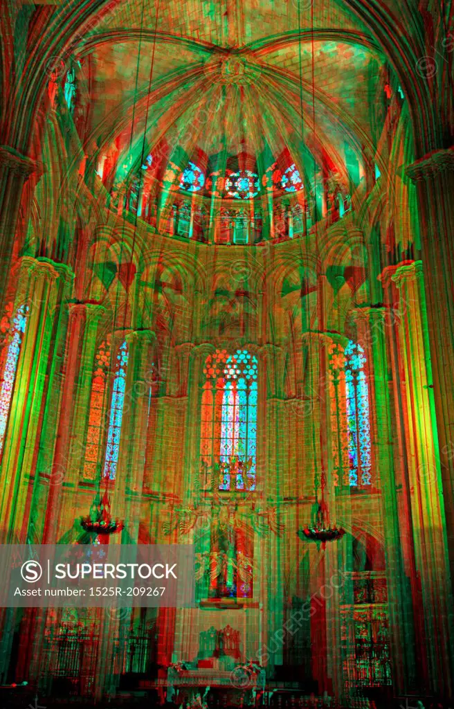 Inside the Cathedral of Santa Eulalia in Barcelona's Barri Gotic district(anaglyph stereo effect.need 3D glasses to view)