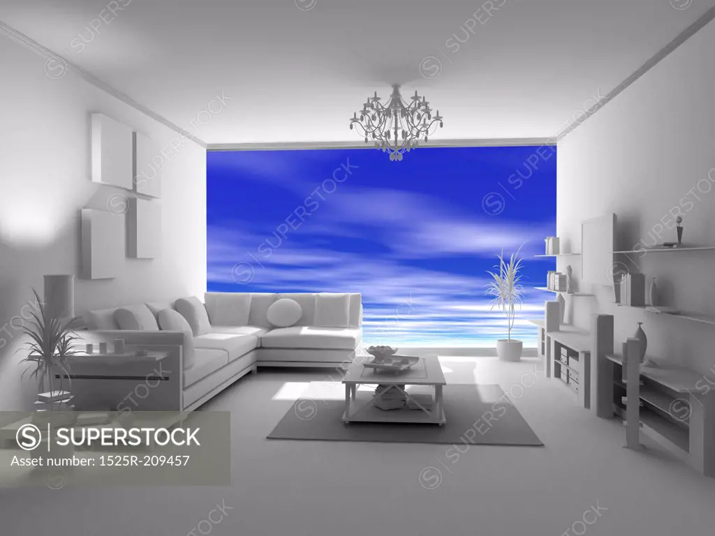 the open blank interior over blue sky background (3D)
