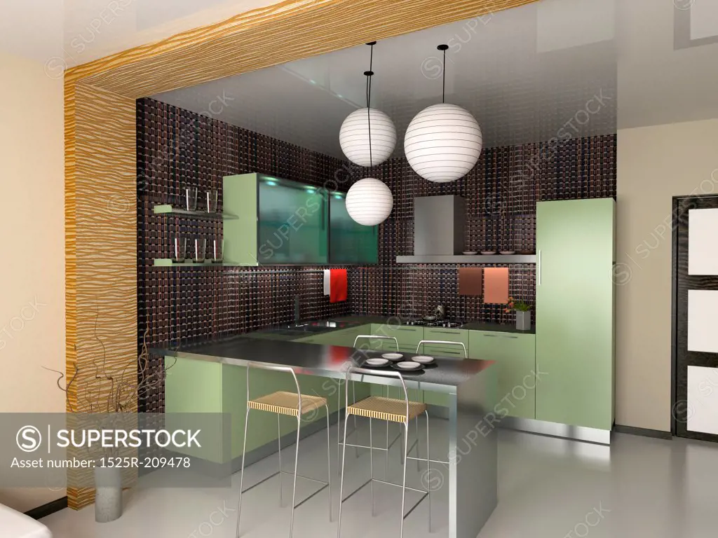 the modern kitchen interior design (3D rendering)