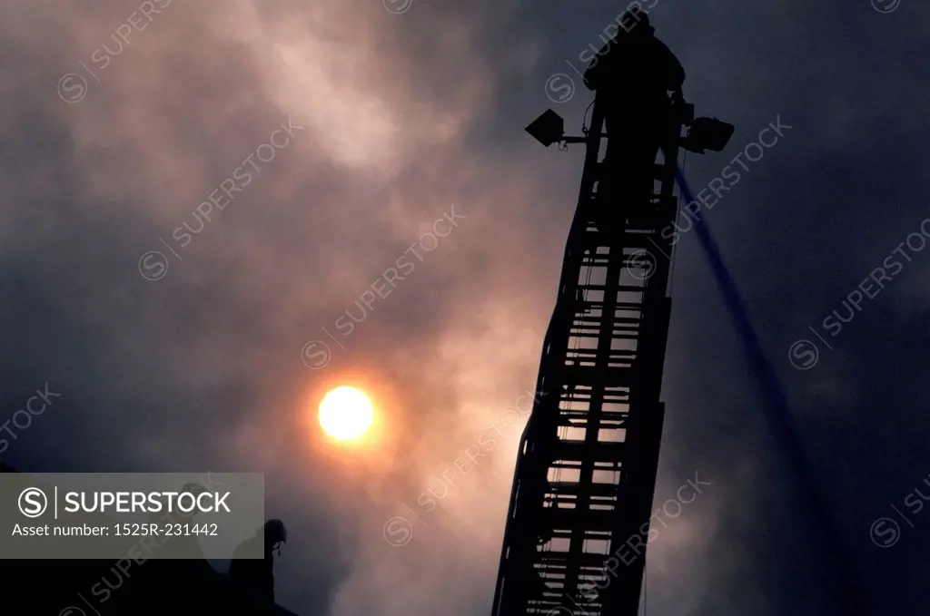 Fireman on Ladder in Smoke