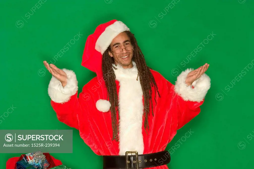 Smiling Young Black Santa With Hands Upraised