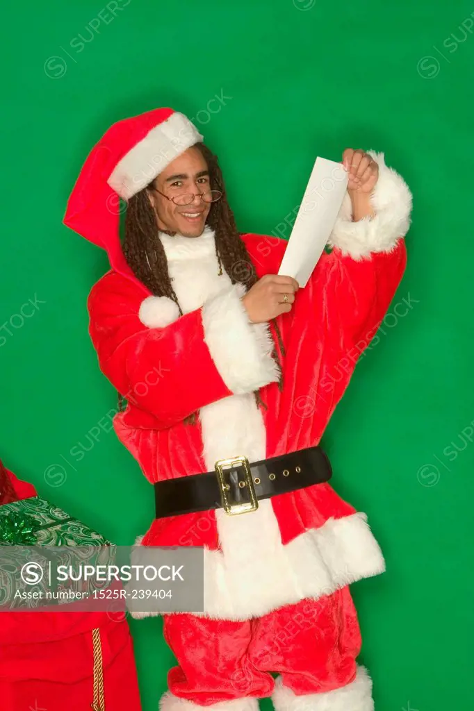 Young Black Santa Smiling With List