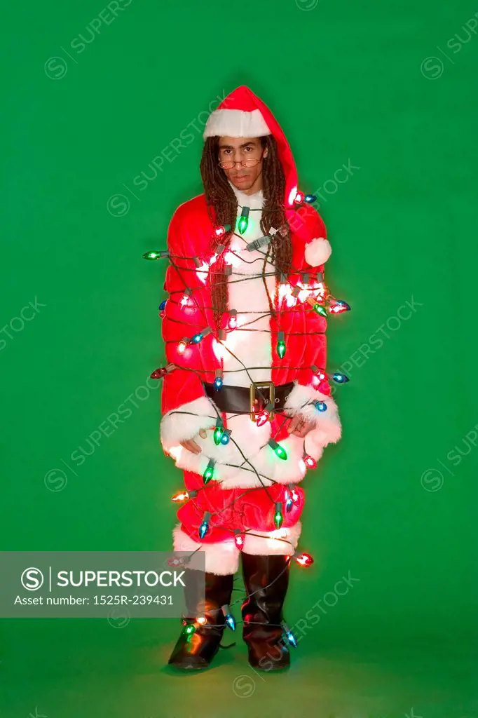 Young Black Santa Tangled in Lights