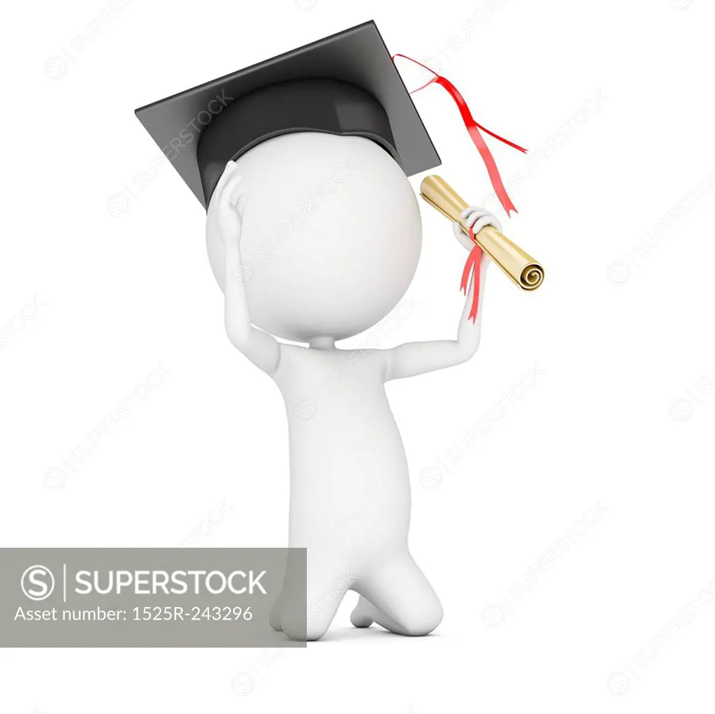 3d rendered illustration of a little white guy - just graduated