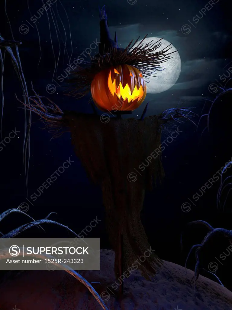 3d rendered halloween scene with a scary scarecrow