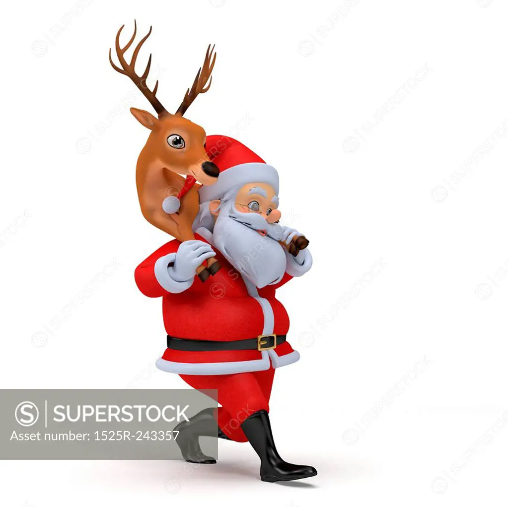 little 3d santa carrying one of his reindeers