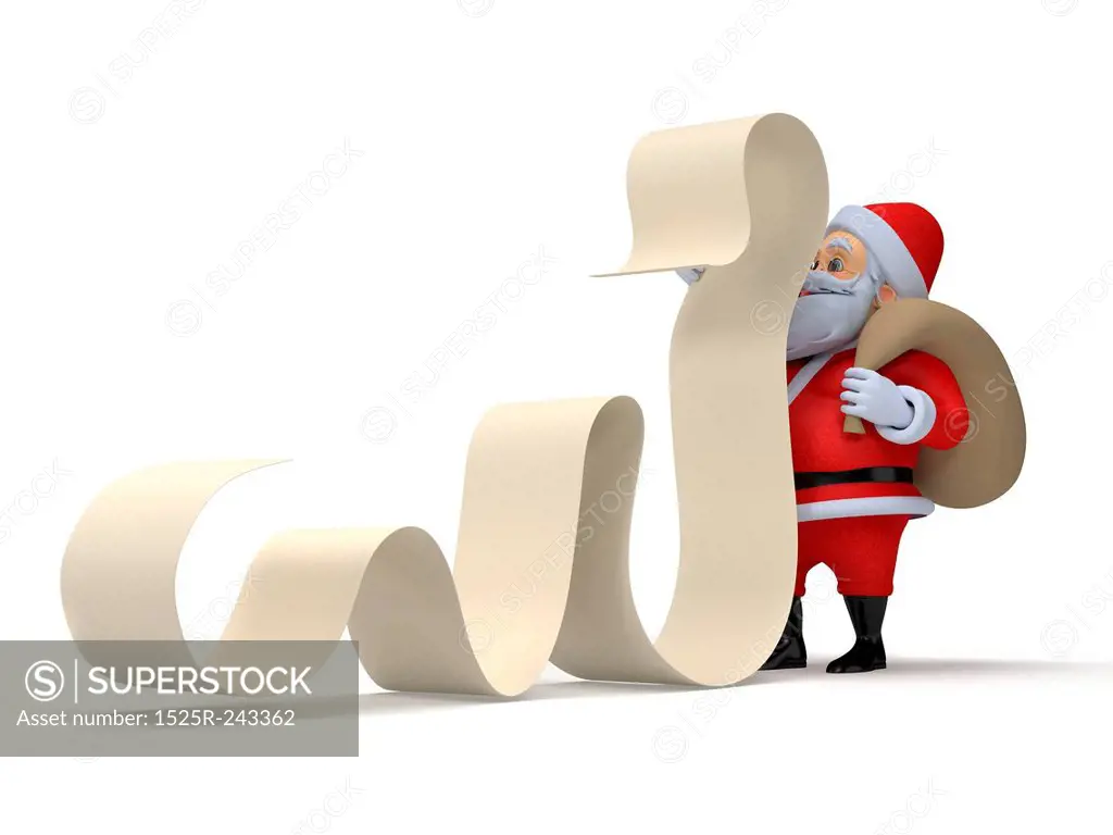 3d rendered illustration of a little santa with a long wishlist