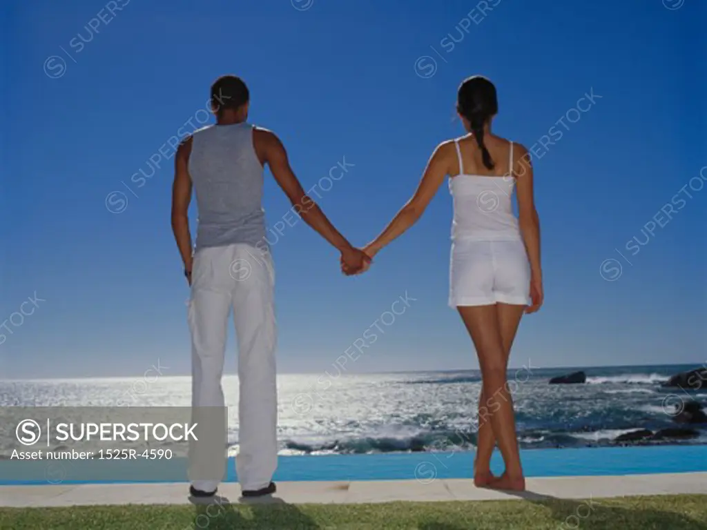Rear view of a young couple holding hands and looking at the sea