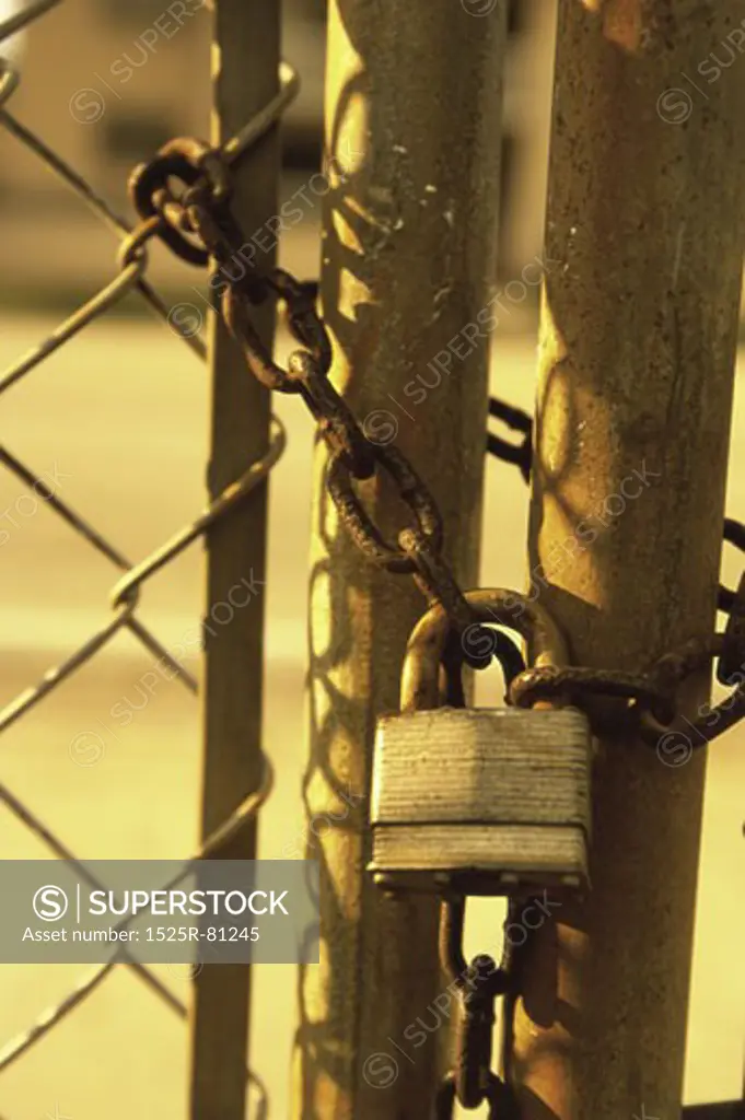 Close-up of a padlock on a gate
