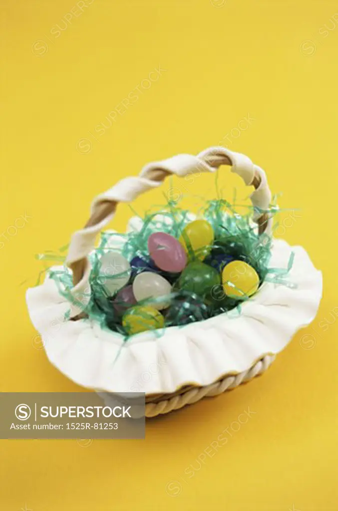 Close-up of jellybeans in an Easter basket