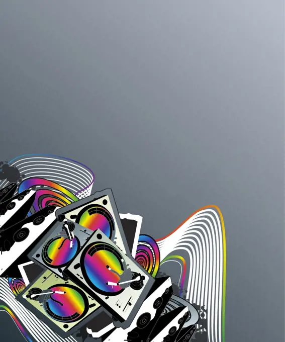 Vector illustration of a turntable and speakers music design with rainbow colors, lined art and retro spirals.