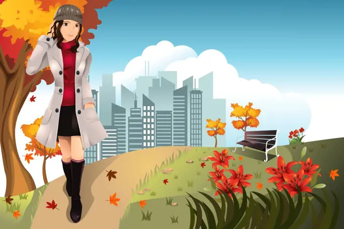 A vector illustration of an Autumn or Fall girl walking in the park