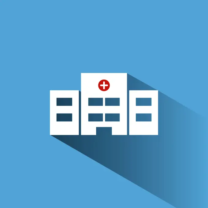 Hospital color icon with shadow on a blue background. Vector illustration