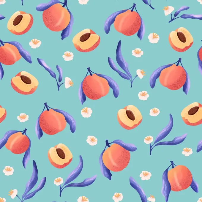 Seamless pattern with hand drawn peaches and floral elements. Fruit and floral design in bright colors. Colorful illustration.