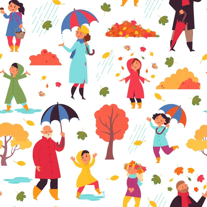 Autumn people walking pattern. Adult standing with umbrella, children jumping in leaves. City fall season walk decent vector seamless texture. Walking outside under rain, childhood autumn illustration. Autumn people walking pattern. Adult standing with umbrella, children jumping in leaves. City fall season walk decent vector seamless texture