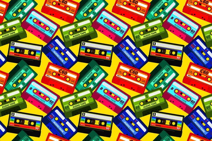 Vintage cassettes pattern. Pop music retro 1980s sound tape, old school stereo technology, dj mix tape. Vector abstract cassette illustrations background. Vintage cassettes pattern. Pop music retro 1980s sound tape, old school stereo technology, dj mix tape. Vector cassette background