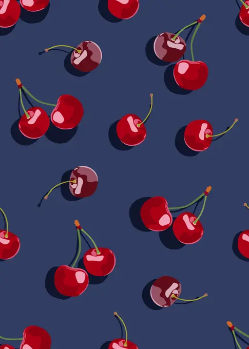 Cherry fruits seamless pattern on navy blue background, Fresh organic food, Red fruits berry pattern. Vector illustration.