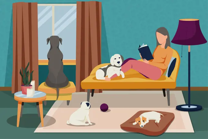 People with dogs flat composition with indoor composition and woman reading book surrounded by her pets vector illustration