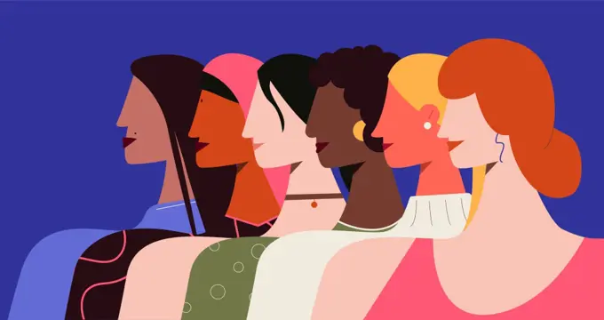 Female feminism illustration. Women all nationalities stand with their proud heads speaking out against patriarchy struggle for empowerment, international vector equality flat girls.. Female feminism illustration. Women all nationalities stand with their proud heads speaking out against patriarchy.