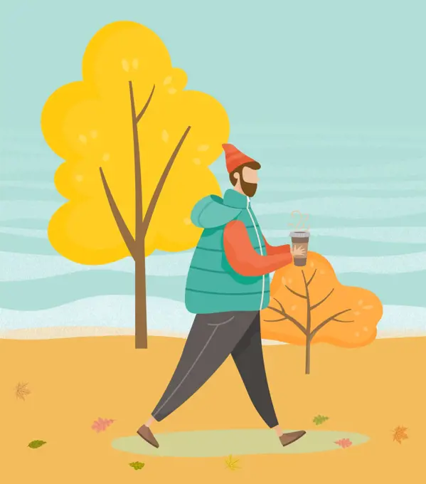 Man walking in forest or wood alone. Guy drinking coffee while strolling through vector lawn. Person in warm clothes like hat and jacket. Beautiful landscape of autumn park, fall weather illustration. Man Walking in Autumn Park, Fall Warm Weather