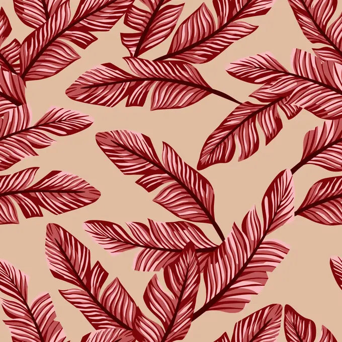 Abstract color seamless vector pattern composition red tropical banana leaves on the peach background
