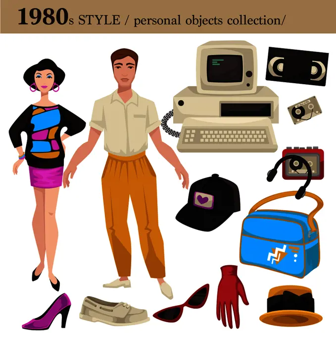 1980 fashion style of man and woman clothes garments and personal objects collection. Vector dress or suit with shoes, wearable accessories and electronic devices or appliances. 1980 fashion style man and woman personal objects