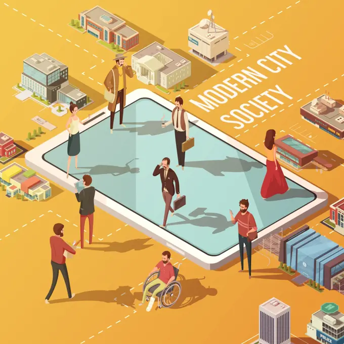 City Society Concept. Modern city society concept with people communicating via internet isometric vector illustration