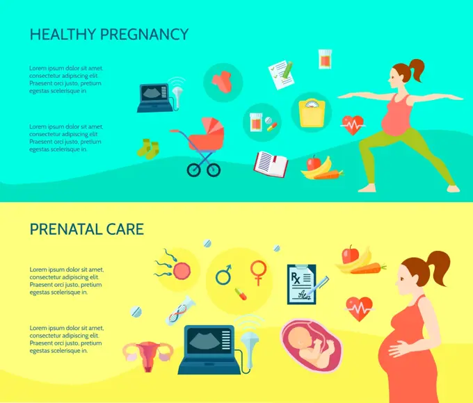  Pregnancy Compositions Set . Pregnancy horizontal compositions set with healthy pregnancy symbols flat isolated vector illustration 