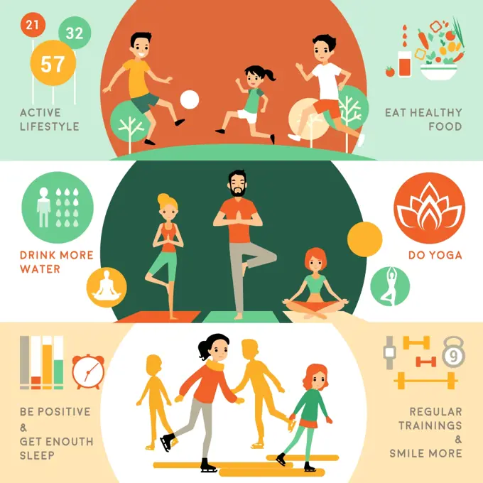 Active Healthy Lifestyle Horizontal Banners . Active healthy lifestyle horizontal banners with people and different activities for good health vector illustration