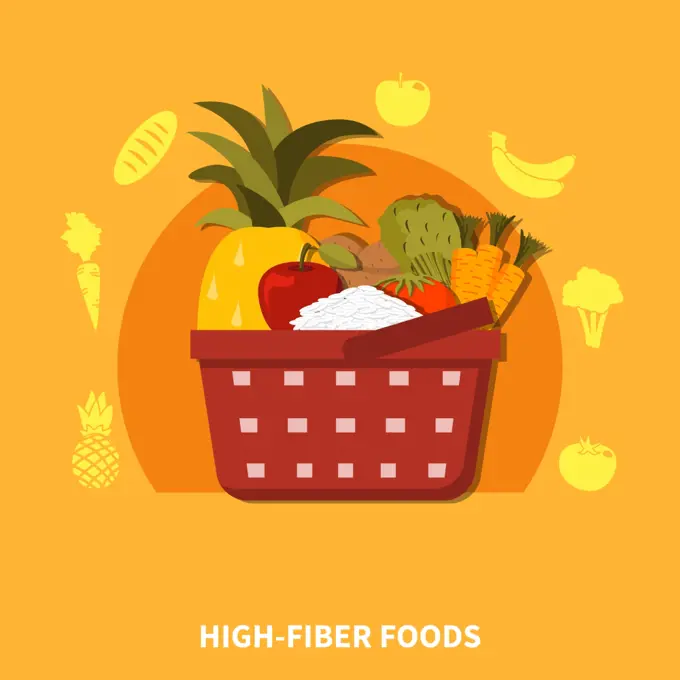 High Fiber Foods Supermarket Composition. Supermarket basket composition with fresh healthy food fruits vegetables symbols orange background flat vector illustration