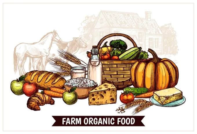Ecological Farm Poster. Ecological farm poster with healthy natural and useful products for proper nutrition vector illustration