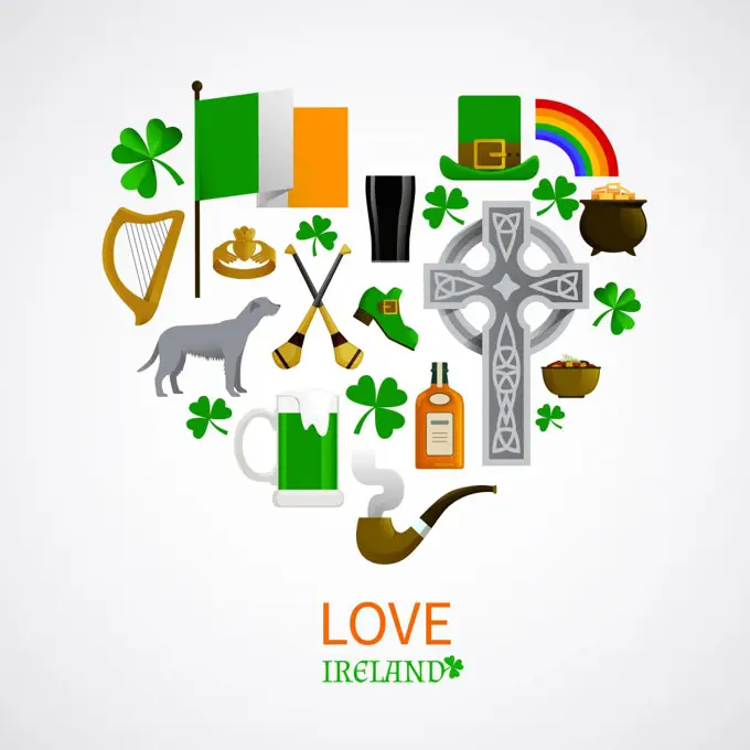 Ireland National Traditions Icons Composition. Ireland national traditions icons composition with shamrock leprechaun whisky harp irish terrier vector illustration 