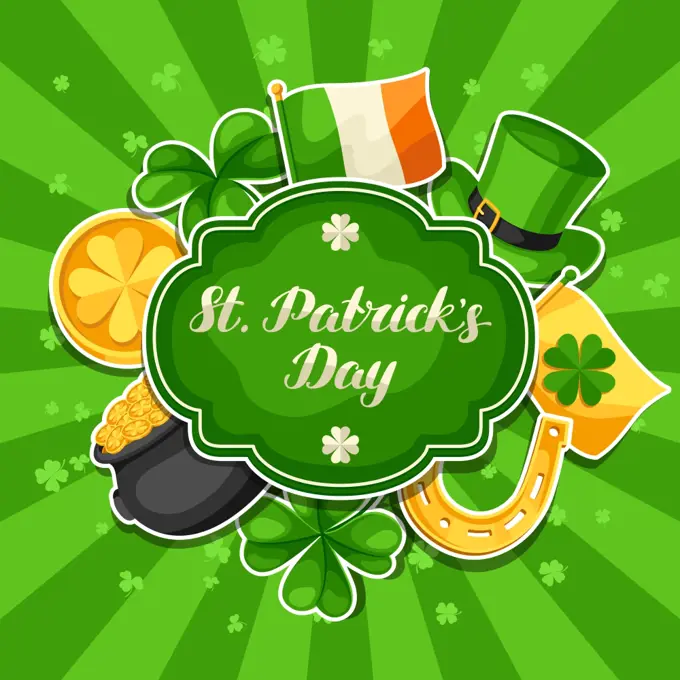 Saint Patricks Day greeting card. Flag Ireland, pot of gold coins, shamrocks, green hat and horseshoe.