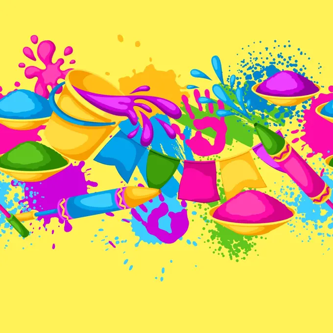 Happy Holi colorful seamless border. Illustration of buckets with paint, water guns, flags, blots and stains.